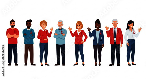 Diverse Group of People Wearing Red Ribbons, Showing OK Sign, Standing Together