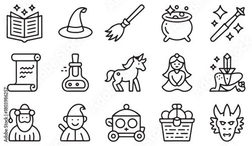 Fantasy magic icon pack including wizard tools, potions and legendary beasts
