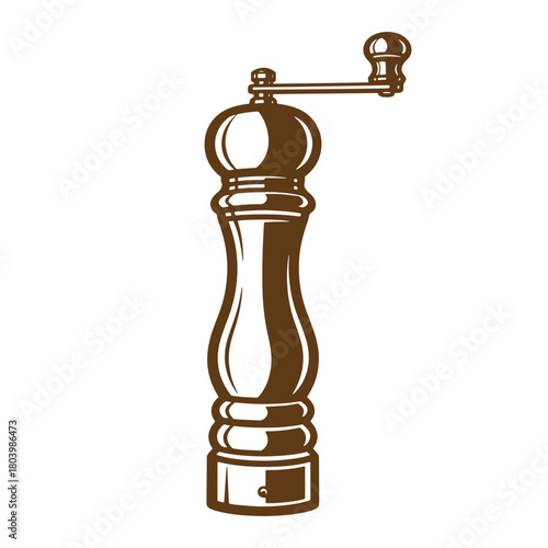 Simple elegant vector illustration of a classic wooden pepper mill in brown color