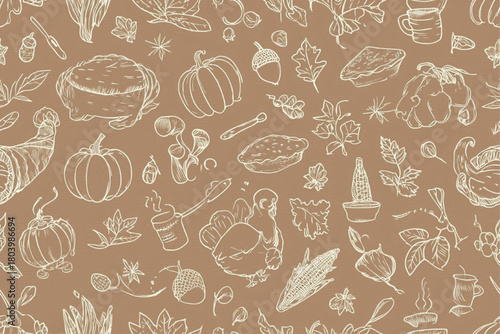 Thanksgiving seamless pattern with monochrome doodles on for wallpaper, wrapping paper, textile prints, kitchen towels, scrapbooking, packaging, etc., food, vector, sketch, illustration, doodle, set, 