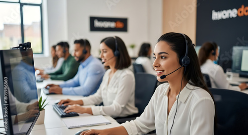 Diverse team of customer service agents working in a modern call center office