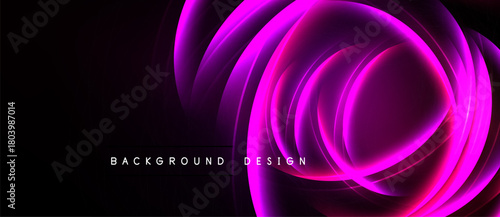 Abstract swirling neon shapes dominate dark background. Vibrant pinks, purples create dynamic visual effect. Modern design element.