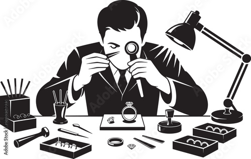 Experienced diamond appraiser examining quality and cut of precious gemstone using small tools in studio