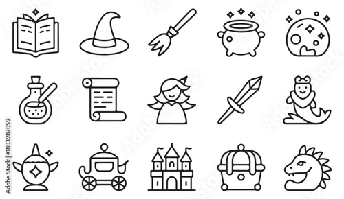 Magical fantasy icons with potion, dragon, castle and spellbook for story and adventure designs