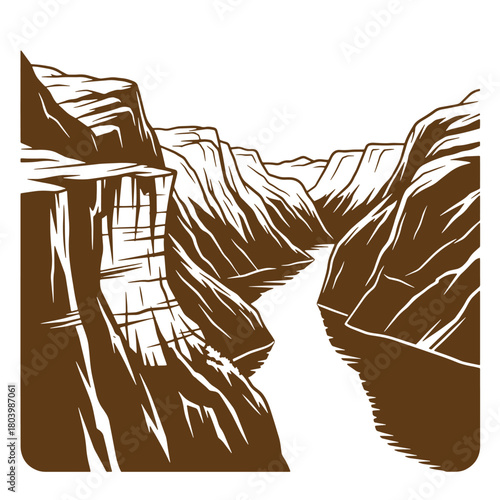 Vintage sketch illustration of a majestic canyon landscape with a flowing river scene