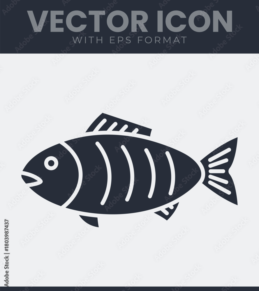 Obraz premium Stylized fish vector icon for fishing, seafood, aquatic life, ocean, water, nature, marine biology and restaurant design
