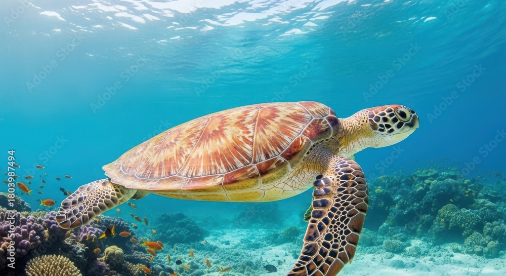 Fototapeta premium Sea turtle swimming in the turquoise water of the indian ocean, maldives