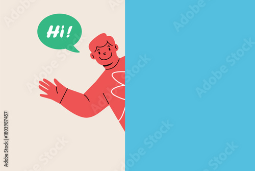 Boy waving hand. Speech bubble hi. Colorful vector illustration