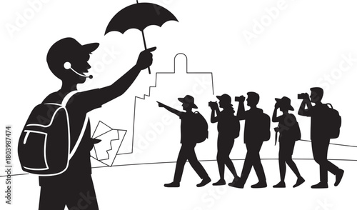 Tour guide leading group of tourists pointing at historic landmark explanation during sightseeing outdoor travel activity