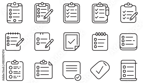 Writing and note-taking line icons with clipboards and certification elements