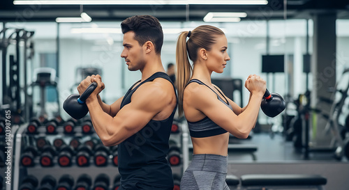 Fit couple doing kettlebell workout together in a modern gym