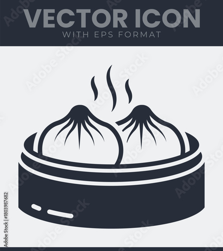 Steaming asian dumplings in a traditional bamboo steamer basket vector icon, perfect for restaurant menus and cuisine design illustration