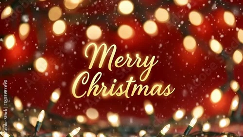 Merry Christmas text with glowing golden lights red background, soft snow falling, festive atmosphere 
