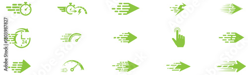 Speed icons vector set, fast performance graphic, isolated velocity measurement symbol, quick time efficiency UI UX collection, rapid loading indicator, acceleration dial