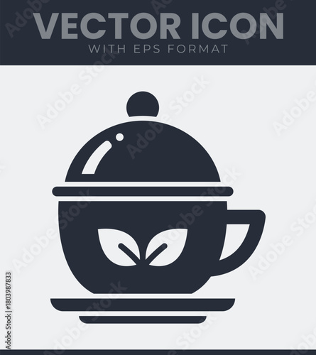 Minimalist vector icon of a teacup with a lid and two leaves, symbolizing healthy herbal beverages and natural wellness concept
