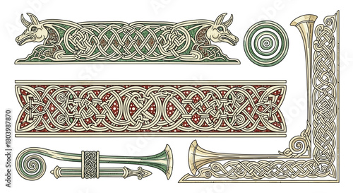 Detailed Celtic Illuminated Border Vector Insular Art Zoomorphic Knotwork and Gold Leaf Accents