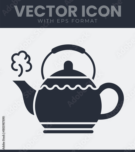 Steaming hot traditional teapot vector icon for warm beverages, tea time, kitchenware and cozy drink concept