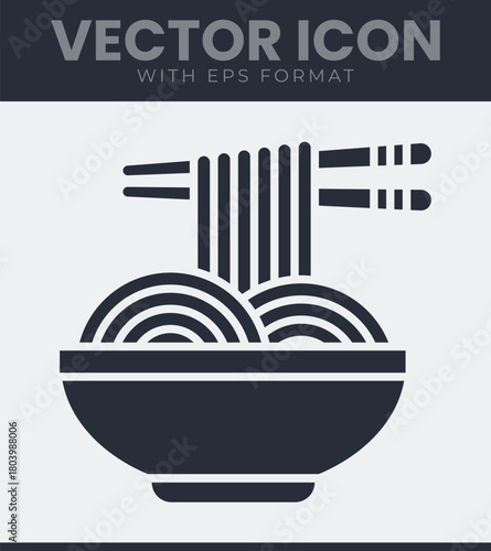 Minimalist vector icon of a bowl of steaming ramen noodles with chopsticks, ideal for asian cuisine menus and food delivery illustration