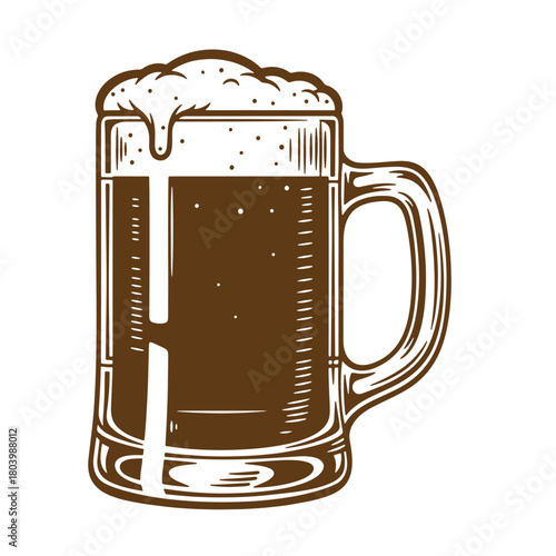 Vintage sketch art of a frothy beer mug showing a delicious stout beverage