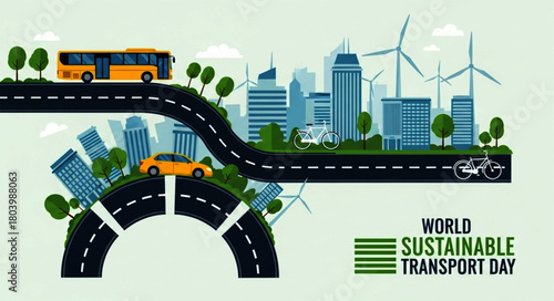 Pixelated Yellow Bus and Car on Winding Road Representing Sustainable Transportation