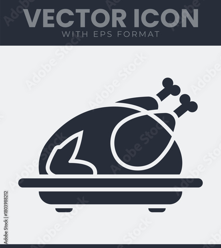 Roast chicken or turkey served on a platter icon, traditional holiday meal silhouette for thanksgiving, christmas, dinner menu designs vector illustration
