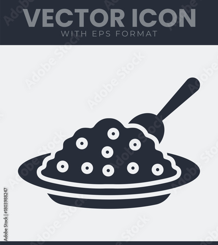Vector icon of a serving dish filled with food and a spoon, illustrating a meal, restaurant menu, catering or cooking concept