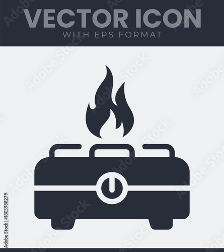 Gas stove icon with a burning flame and power button, vector illustration of a portable burner, ideal for cooking and heating