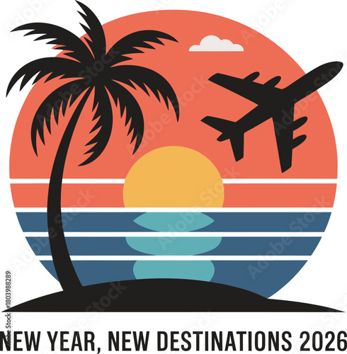 New Year New Destinations 2026 Travel Sunset Graphic – Adventure Illustration