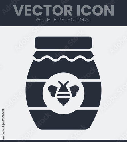 Honey jar icon with bee symbol flat design vector illustration, natural sweetness organic food product, healthy apiary honey, isolated