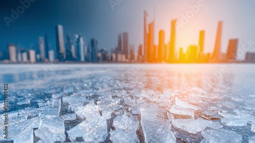 Cityscape Beyond: A cityscape framed by a frozen surface. capturing the interplay of urban architecture against the backdrop of a cold landscape.