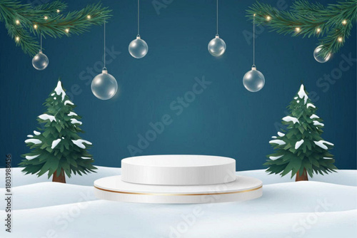 Christmas background with cylindrical podium for promotions. Round stage for presentation sale product. Stage pedestal or platform in snow between Xmas trees, glass balls hanging. Vector illustration,