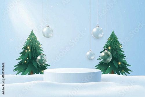 Christmas background with cylindrical podium for promotions. Round stage for presentation sale product. Stage pedestal or platform in snow between Xmas trees, glass balls hanging. Vector illustration,