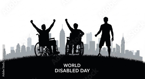 Silhouette of Three People Celebrating World Disabled Day, Overjoyed and Empowered.
