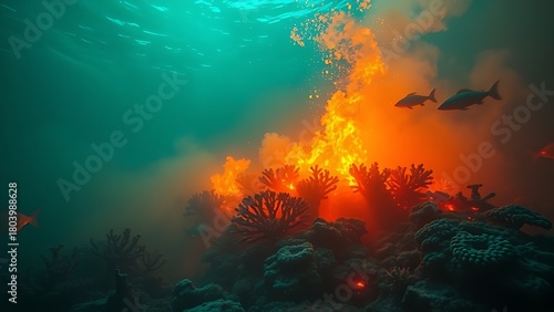toxicology. A terrifyingly beautiful underwater scene where the coral reef is consumed by an acidic neon-green and orange haze. ESG reports.
