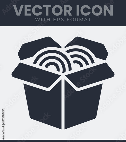 Flat vector icon of an open takeout box with abstract swirled noodles, representing fast food, restaurant, delivery service and asian cuisine