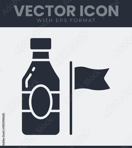 Simple vector icon of a bottle next to a flag, illustrating product origin, brand location, quality or a delivery point marker symbol