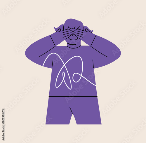 Girl covering, hiding face, avoiding looking. Colorful vector illustration