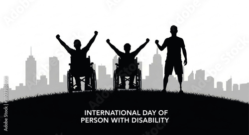 Silhouetted Figures Celebrating Disability Awareness Day with Cityscape Backdrop