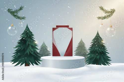 Christmas background with cylindrical podium for promotions. Round stage for presentation sale product. Stage pedestal or platform in snow between Xmas trees, glass balls hanging. Vector illustration,