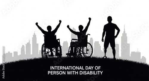 Silhouetted Figures in Wheelchairs with Raised Arms Celebrating International Day of Persons with Disabilities