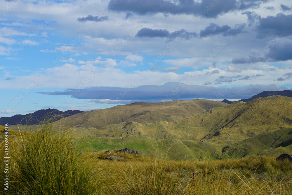 Fototapeta premium Danseys Pass Kakanui Range tussock-covered high country mountains in springtime under a blue cloudy sky. Waitaki and Central Otago in the South Island of New Zealand.