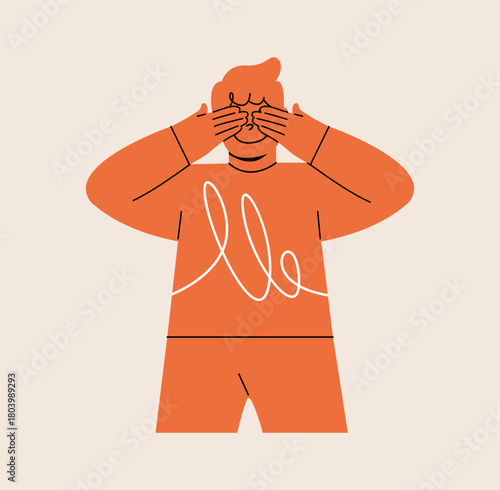 Boy covering, hiding face, avoiding looking. Colorful vector illustration