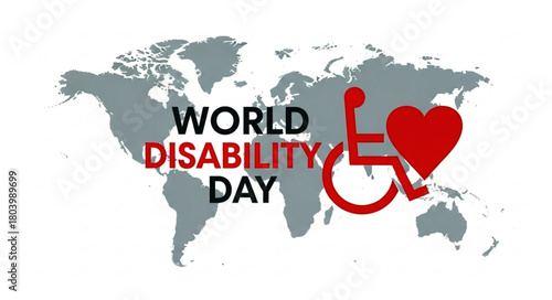 World Disability Day: Red Wheelchair Symbol with Heart on World Map