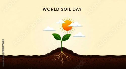 Soil Day Illustration: Green Sprout with Roots, Sun, and Clouds on Beige Background