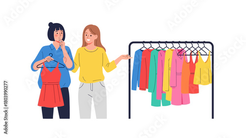 Two women at a clothing rack with clothes on hangers