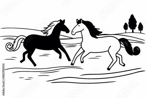 Minimilist two horses running in a field, one black and one white, with trees in the background on a white canvas vector