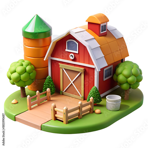 3d cartoon farm scene with red barn and silo illustration