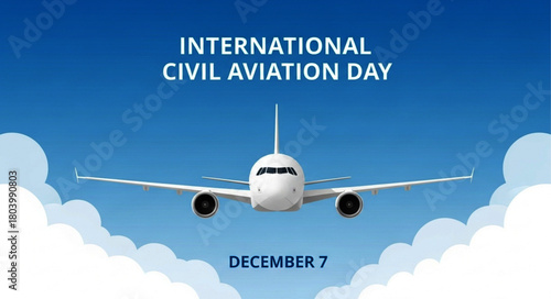 White Airplane Flying in Blue Sky with Clouds for International Civil Aviation Day
