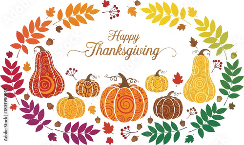 Happy Thanksgiving Wreath with Pumpkins, Gourds & Autumn Leaves – Festive Fall Design for Greeting Cards, Invites & Social Media