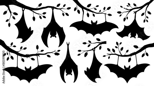 Halloween bat silhouettes hanging upside down from tree branches, a spooky and eerie nocturnal animal collection for holiday and nature designs